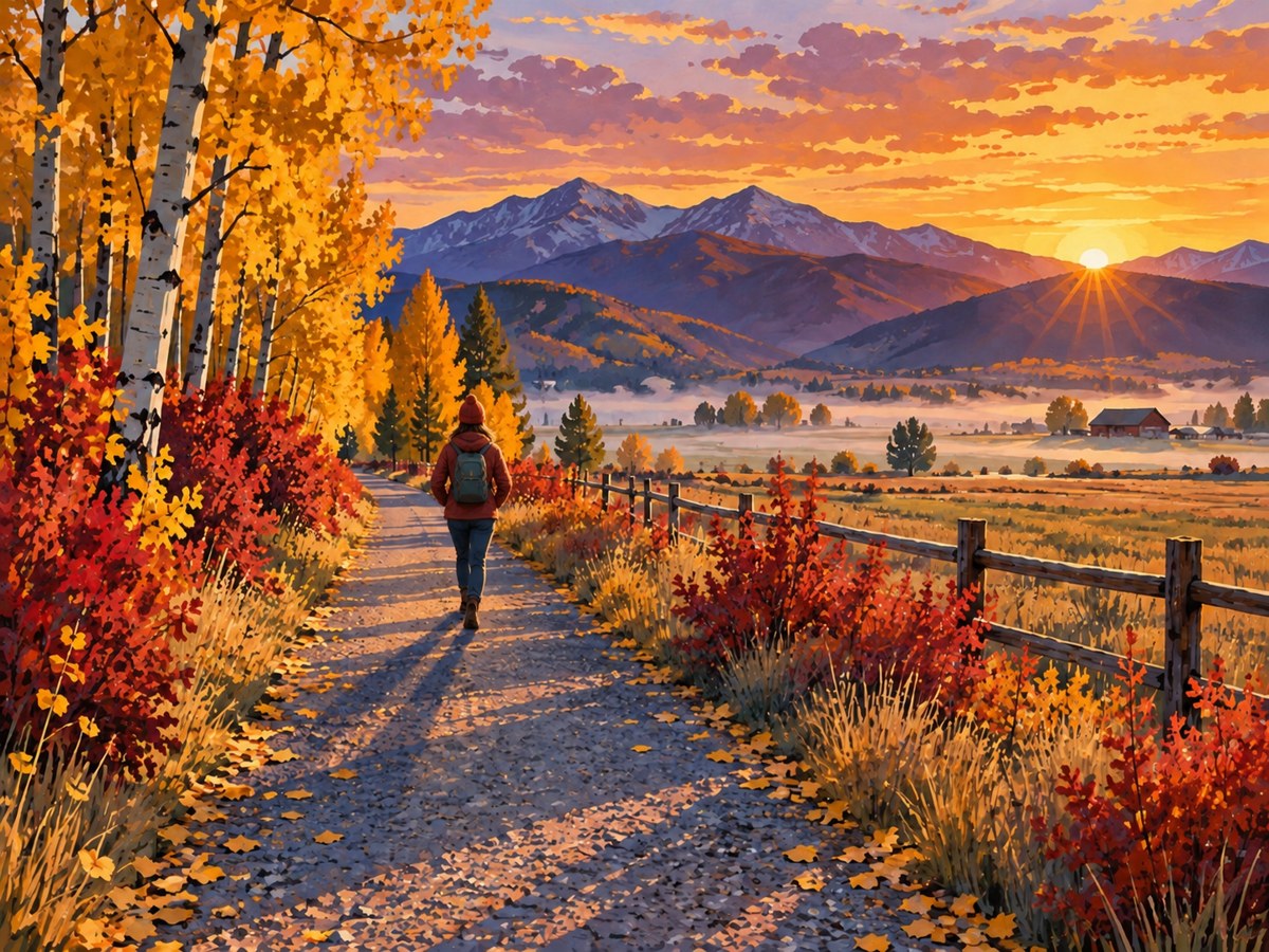 A walker on the autumn Heber Valley rail trail at sunrise