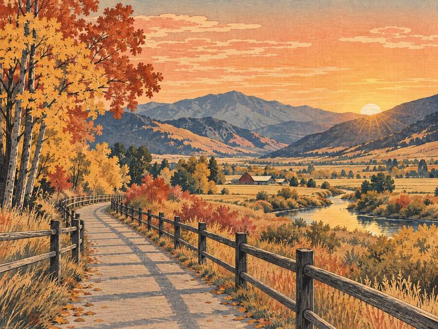 Golden autumn trees beside the Heber Valley rail trail at sunrise