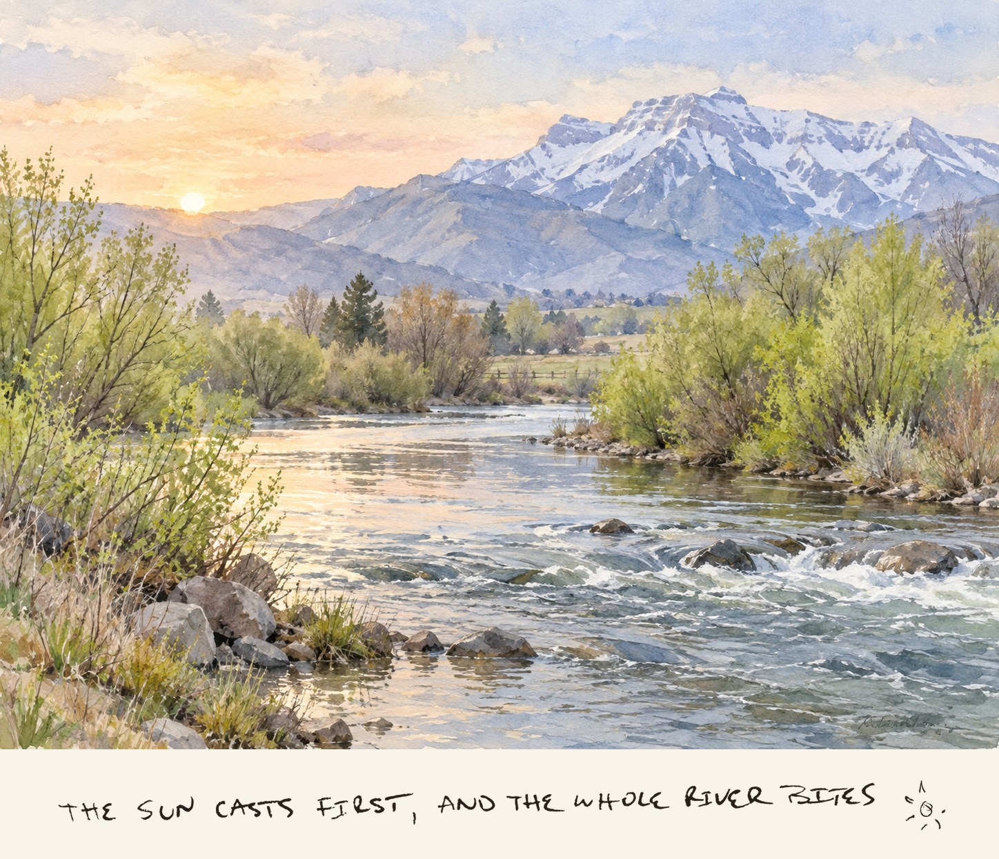 Watercolor of the Provo River in spring with Scott's handwritten mantra below