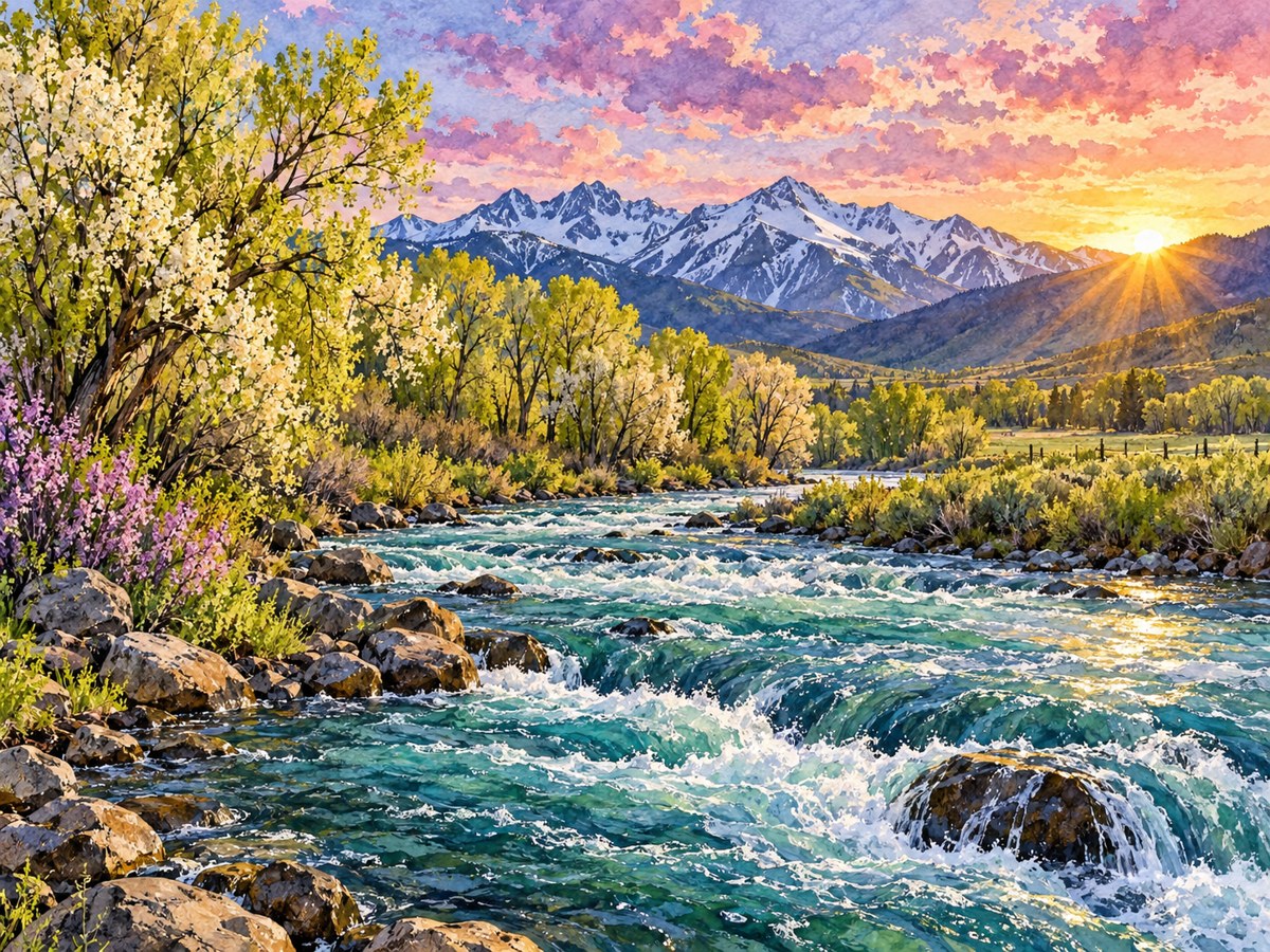 Spring-green trees and clear water along the Provo River below snowy peaks
