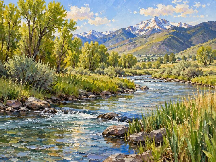 Spring-green trees and clear water along the Provo River below snowy peaks