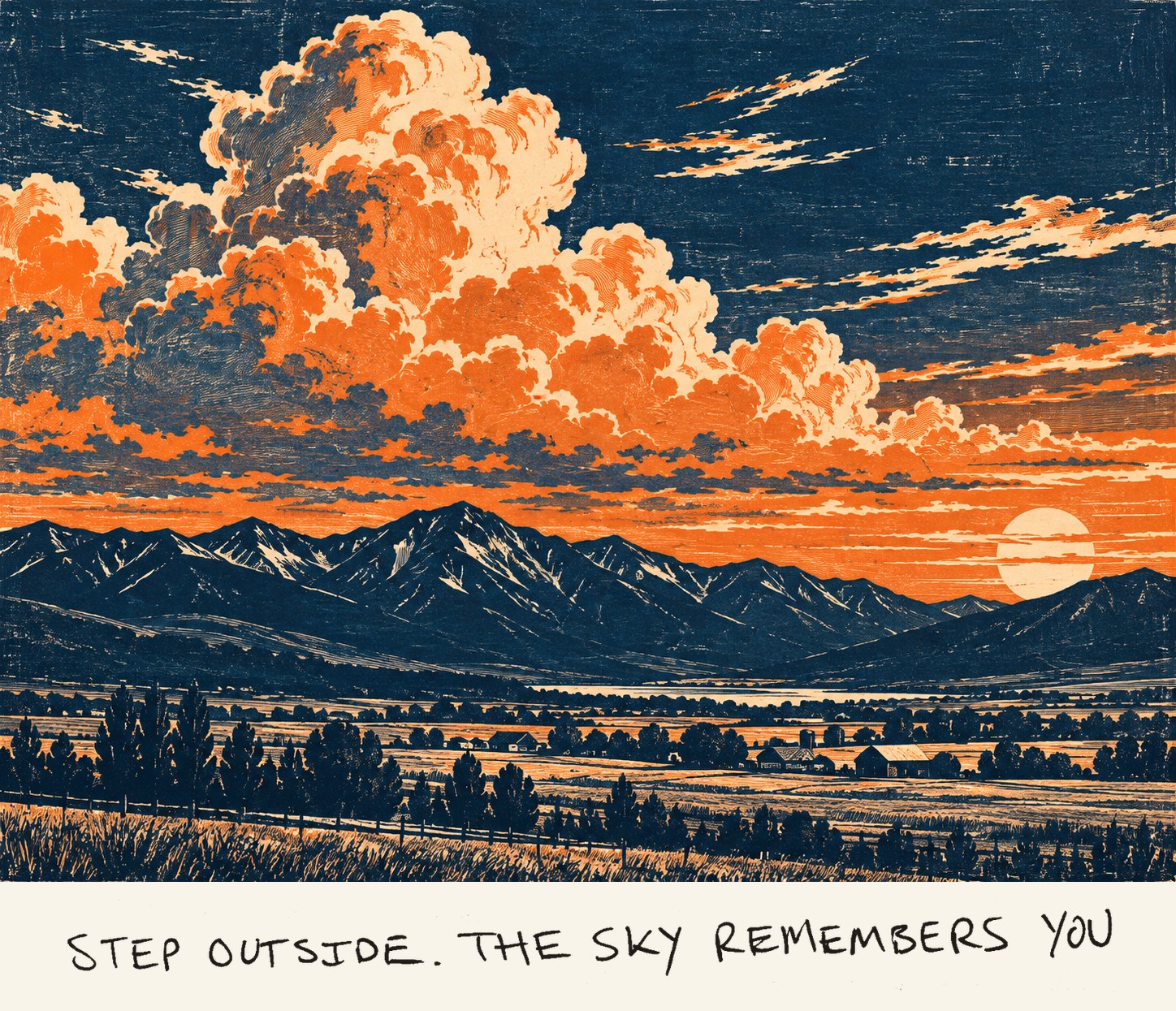 Linocut-style print of a summer sky over the Heber Valley with Scott's handwritten mantra below