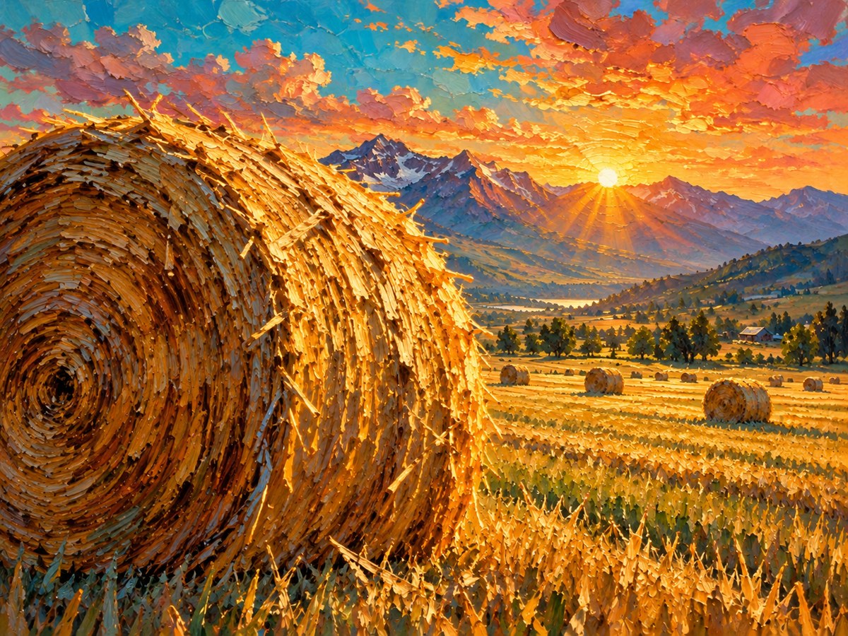 Round hay bales in a golden Heber Valley field at sunrise