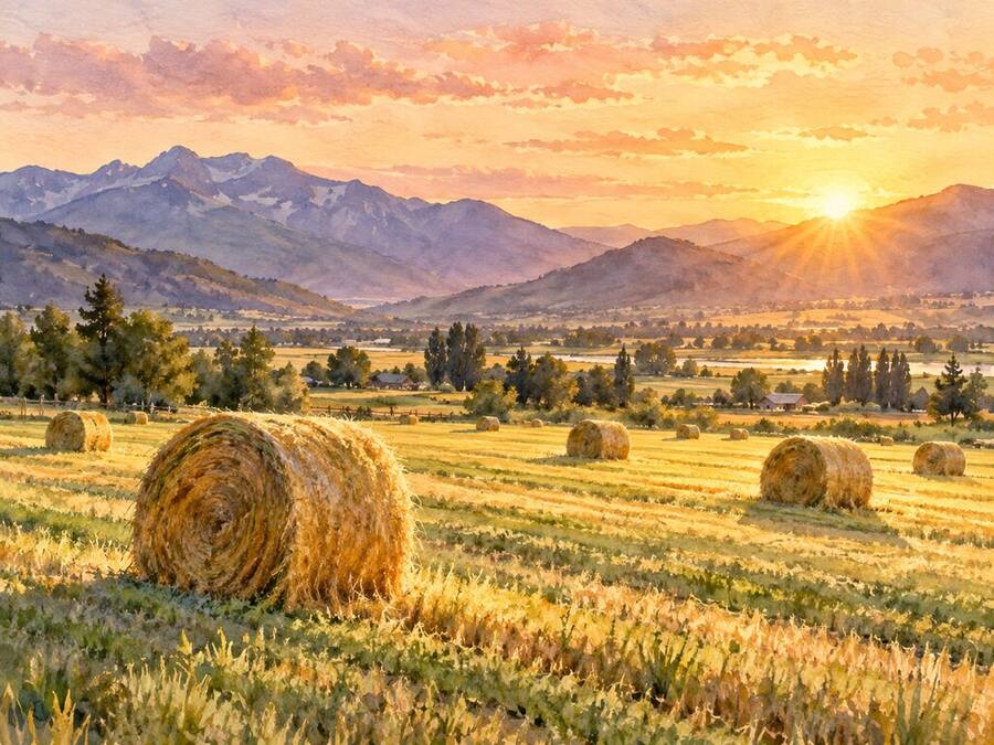 Round hay bales in a golden Heber Valley field at sunrise