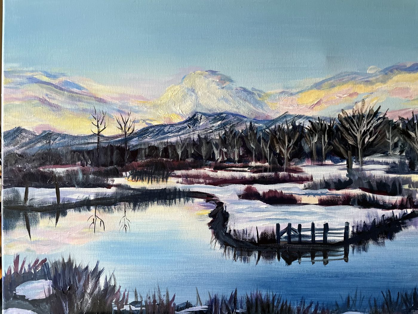 Painting of a still pond, snow, bare trees and pastel mountain peaks in the Heber Valley